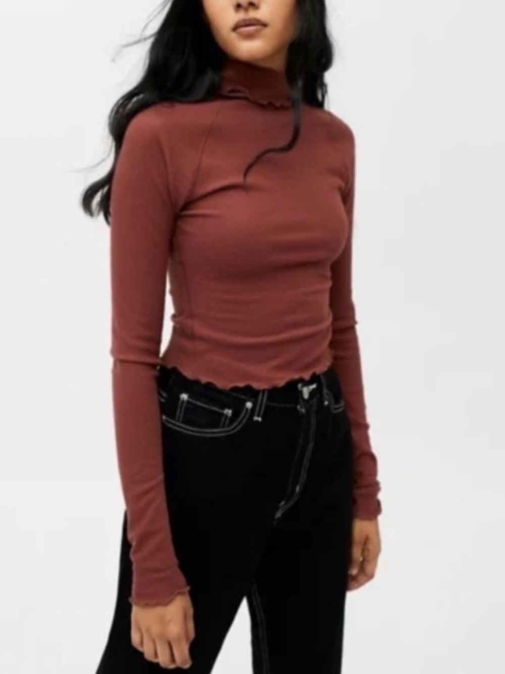 NWT Urban Outfitters Trina Rust Waffle Lettuce-Edge Mock Neck Long Sleeve Top